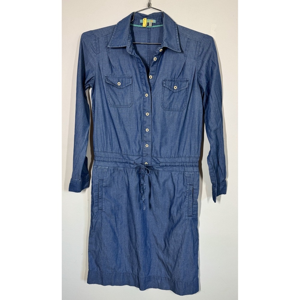 Boden Women's Chambray Midi Shirt Dress Button Up Tie Waist Pockets Size 4L FLAW